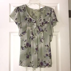 Light Green w/Purple Flowers; Short Sleeve Blouse